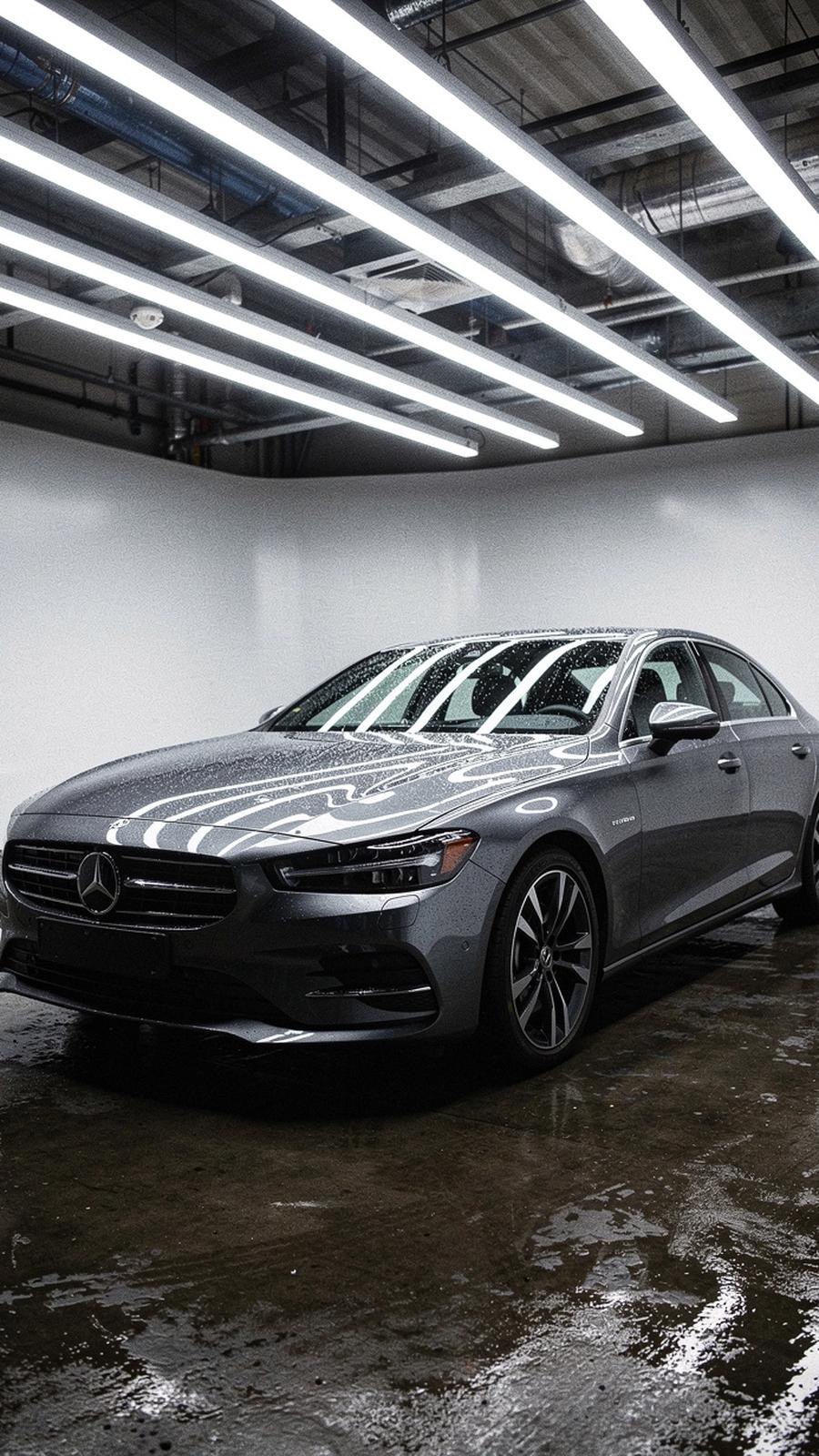Graphite-grey sedan under linear inspection lighting in the studio bay