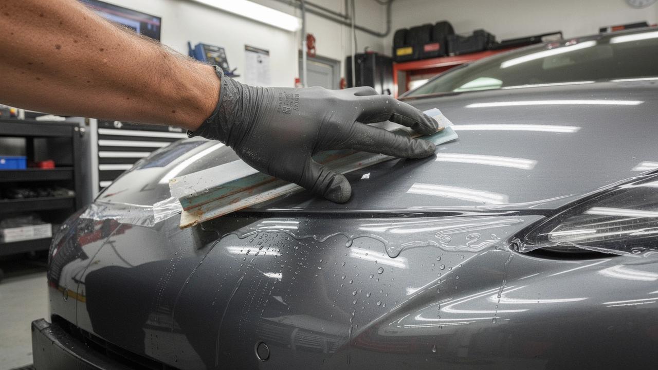 Squeegee pressing paint protection film onto a front bumper